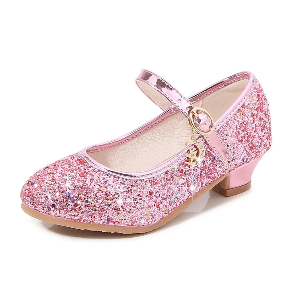 Girls Shoes Children High Heel Glitter Crystal Sandals Fashion Buckle Kids Princess Dance Shoe Student Performance Leather Shoes