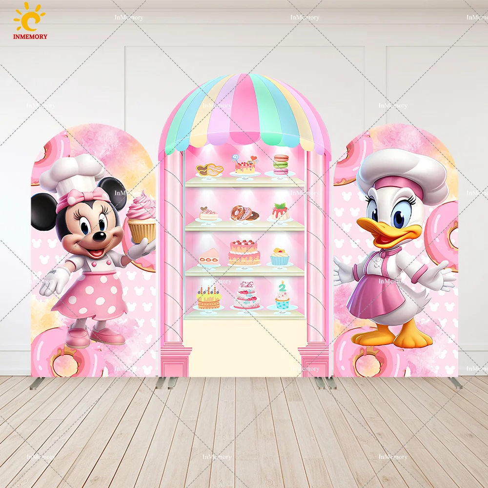 

Pink Baby Minnie Mouse Cake Dessert Shop Arch Cover Backdrop for Girls Birthday Decoration Daisy Duck Baby Shower Banner Wall