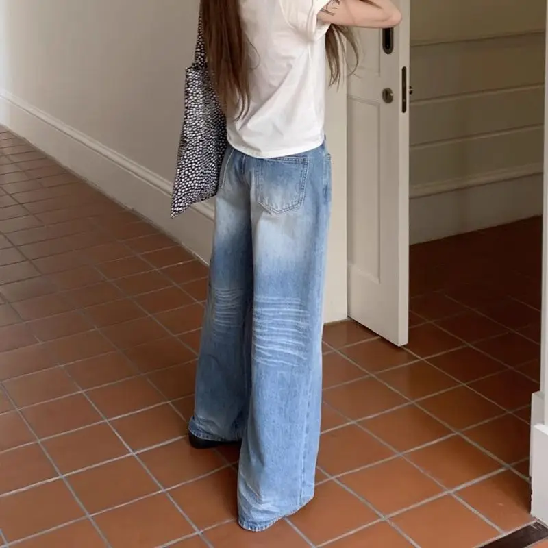 QWEEK Y2K Vintage Jeans Women High Waist Korean Streetwear Wide Leg Pants Harajuku Casual Oversize Washed Denim Trousers Summer