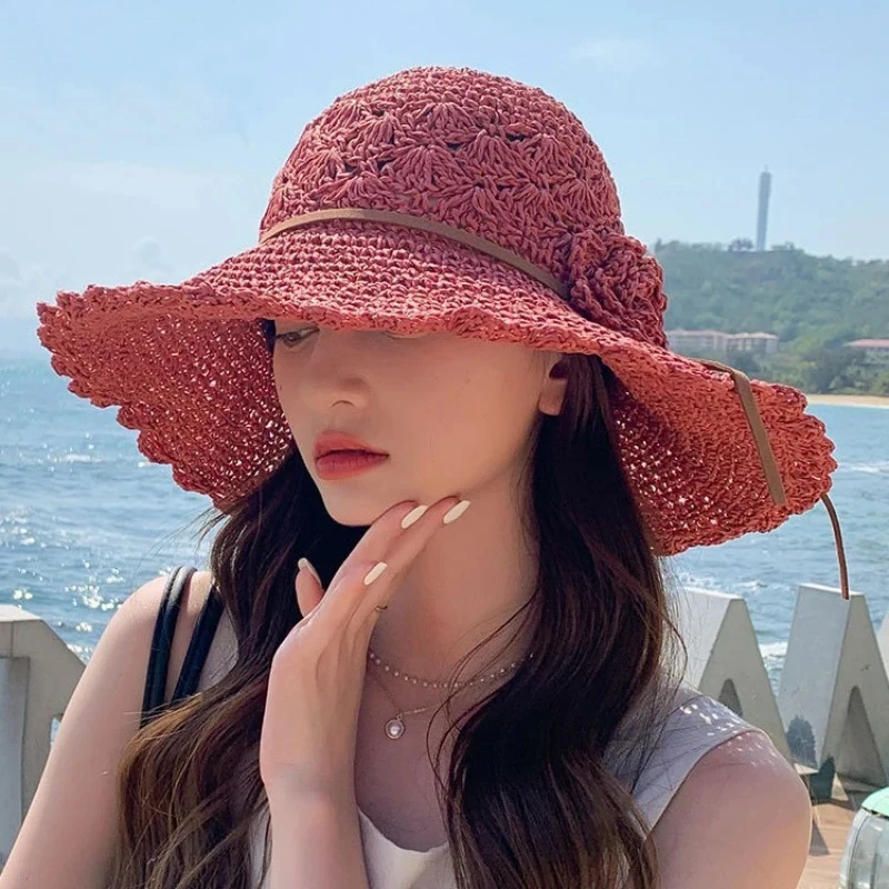 المرأة الصيف قبعة القش الشاطئ طوي حماية الشمس واسعة حافة قبعة الشمس Bowknot الزهور الشريط بنما في الهواء الطلق لينة أغطية الرأس