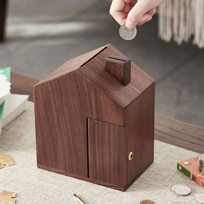 

Creative Wooden Piggy Bank with Secure Design House-Shaped Structure for Children's Holiday Gift Decorative Coin Savings Box