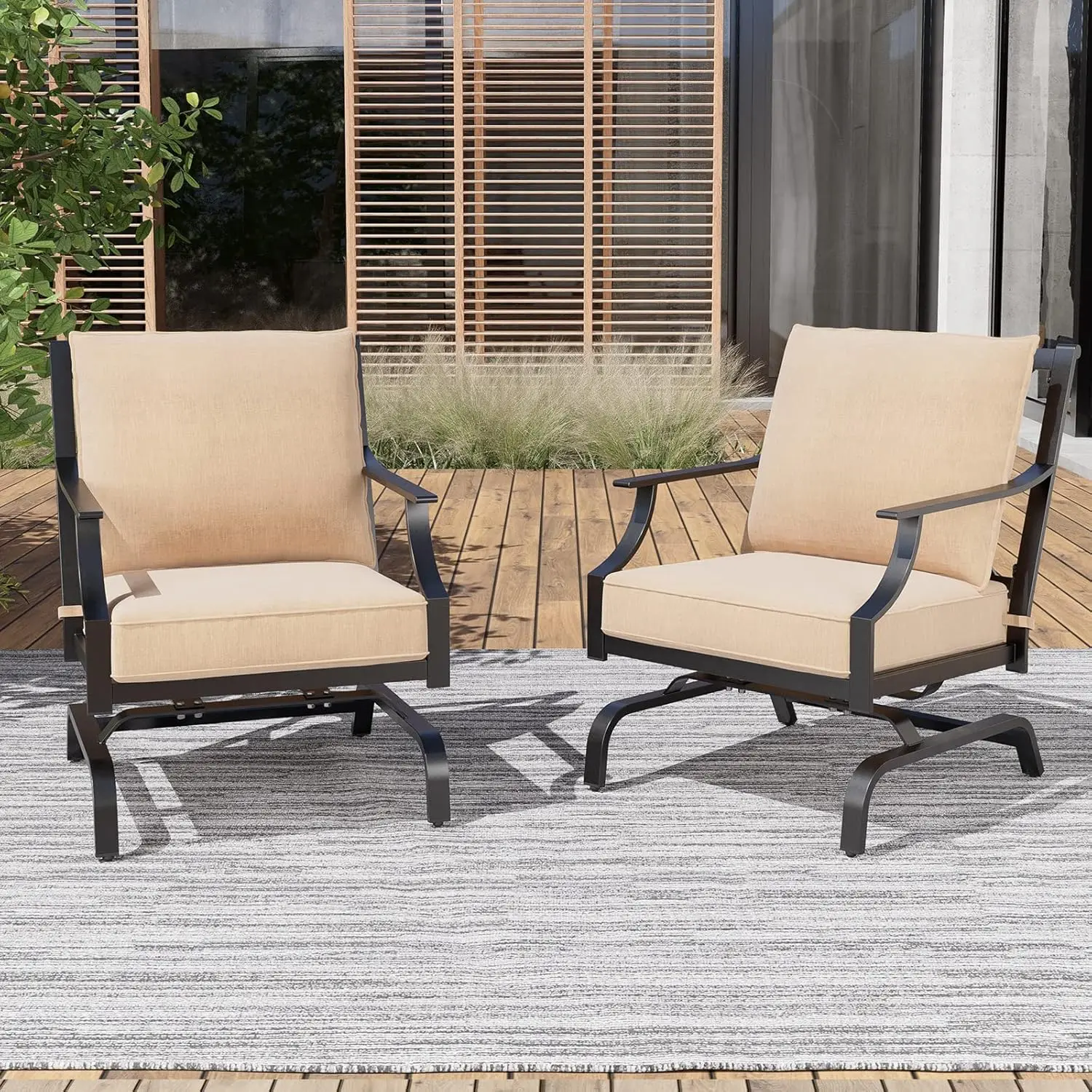 Outdoor Patio Seating Chair Motion Chair Stationary Rocker Padded Cushion Chair Set of 2 Beige Back Style	Solid Back