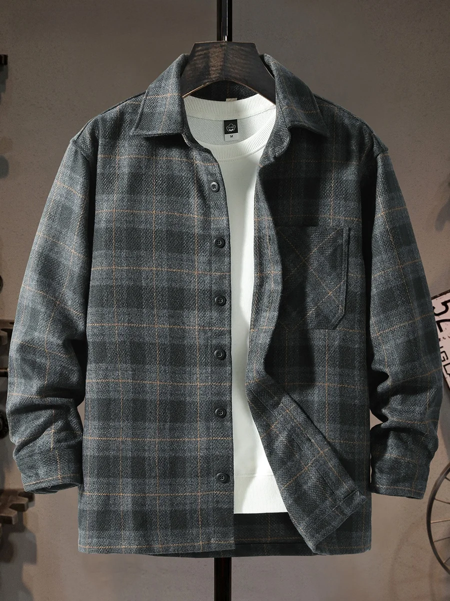 

Classic Plaid Woolen irt Men's Loose Casual Thi Long Sve Button up Coat Youth Faion Retro Waed Polyester Blend