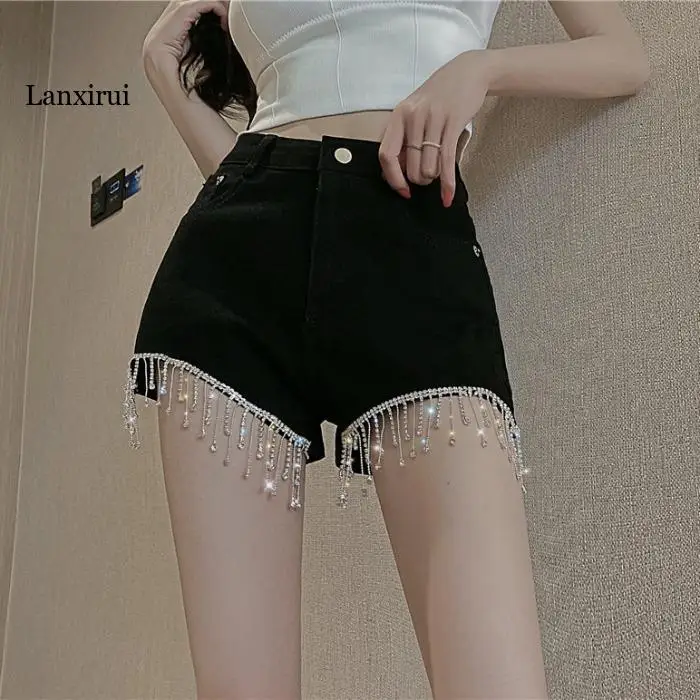 

Ripped Denim Shorts for Women 2022 New Summer High Waist Slim European Style Diamond-Embedded Raw Hem Wide Legs Hot Pants