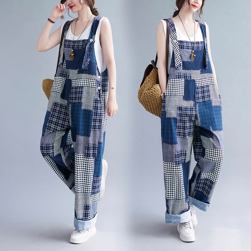 Celana Panjang Wanita Ukuran Besar Model Patchwork Kotak-kotak Kasual dari Katun Linen dengan Potongan Lebar dan Desain Menutupi Pinggul