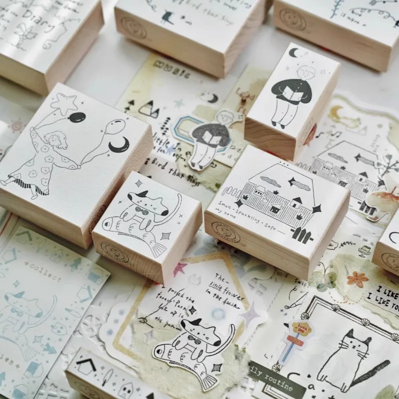 Lovely Balloon Girl Reading Boy Cats Wooden Rubber Stamp DIY Scrapbooking Photo Album Journal Material Wood Seal