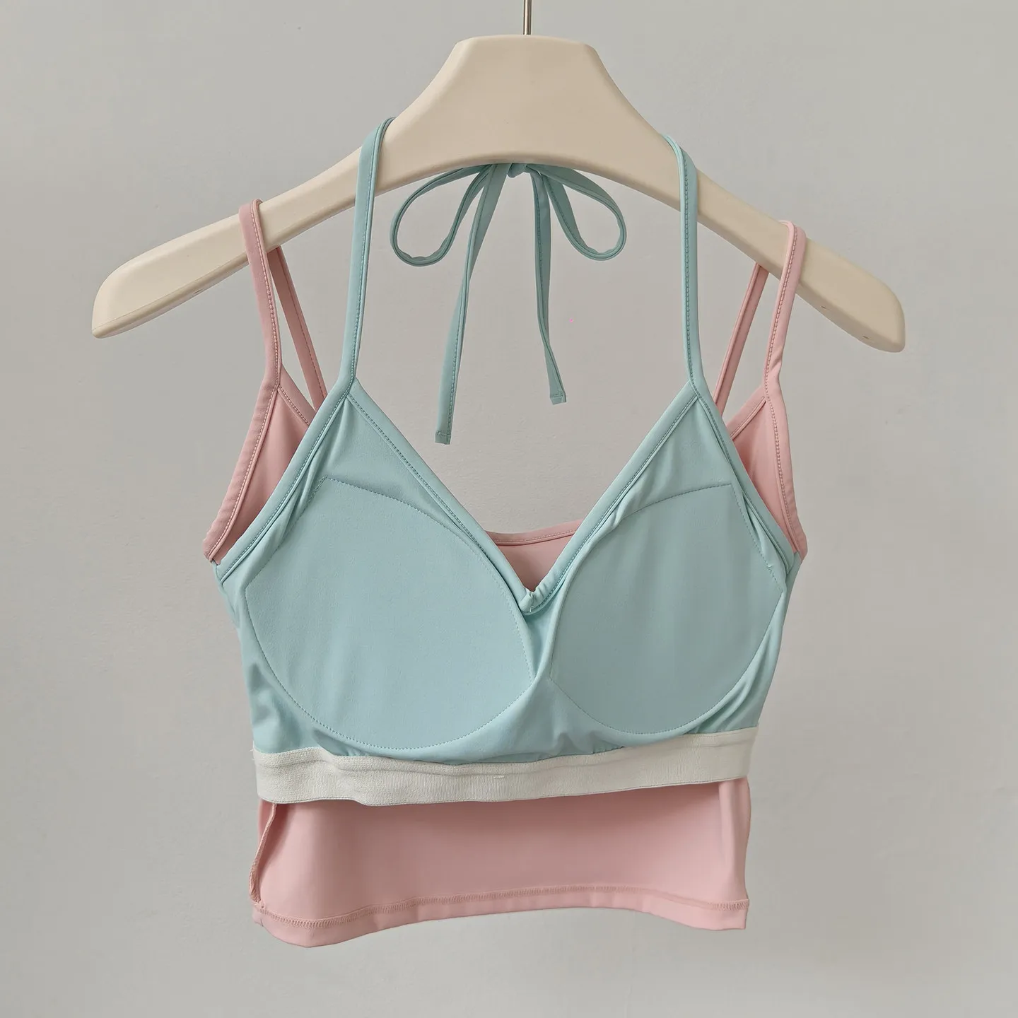Yoga-Top für Damen, Sport-BH mit festen Cups, zweifarbig, zweiteiliger Look, Pilates-Träger-Unterwäsche, Fitnesskleidung, Sportbekleidung – Detail 7