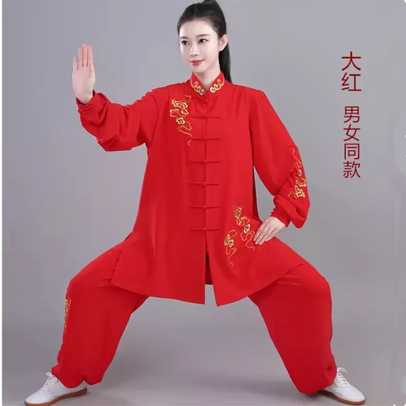 Conjunto de vestido Tai Chi bordado longo feminino, roupa de treino Tai Chi, performance de artes marciais, primavera e outono, novo 2024