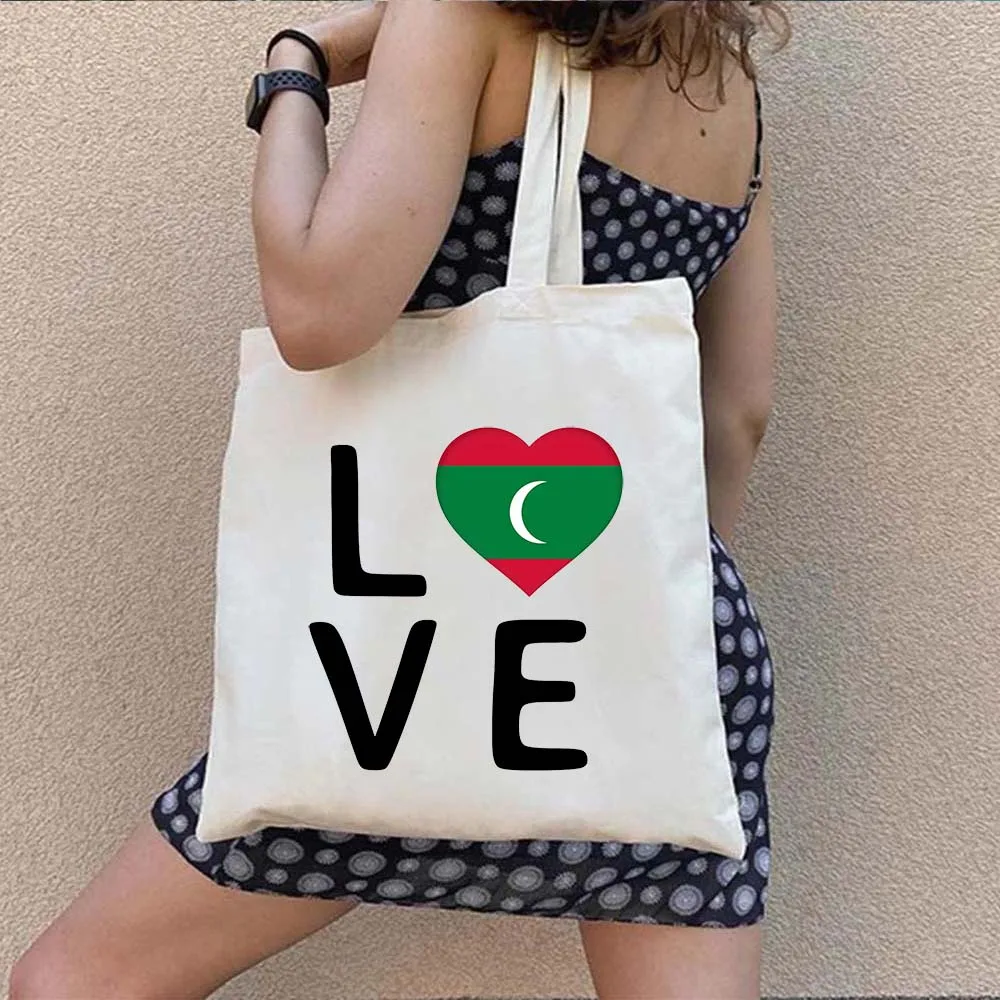 Vintage Retro Summer Beach Holiday Maldives Maldivian Flag Love Heart Shopping Shoulder Canvas Tote Bag Harajuku Shopper Handbag