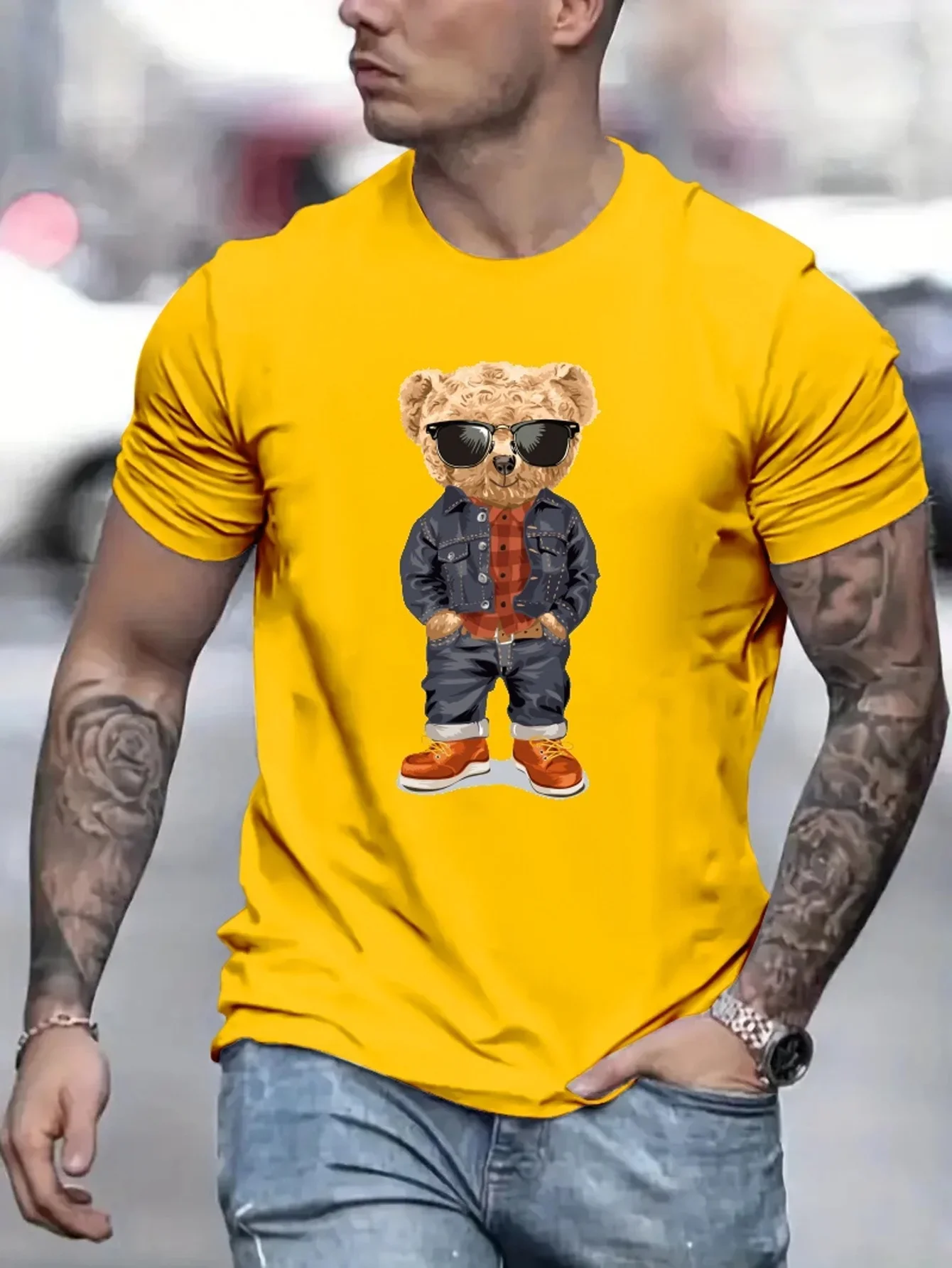 Cool Teddy Bear Men\'s Trendy T-shirt For Summer Outdoor, Casual Mid Stretch Crew Neck Tee Short Sleeve Graphic Stylish Top