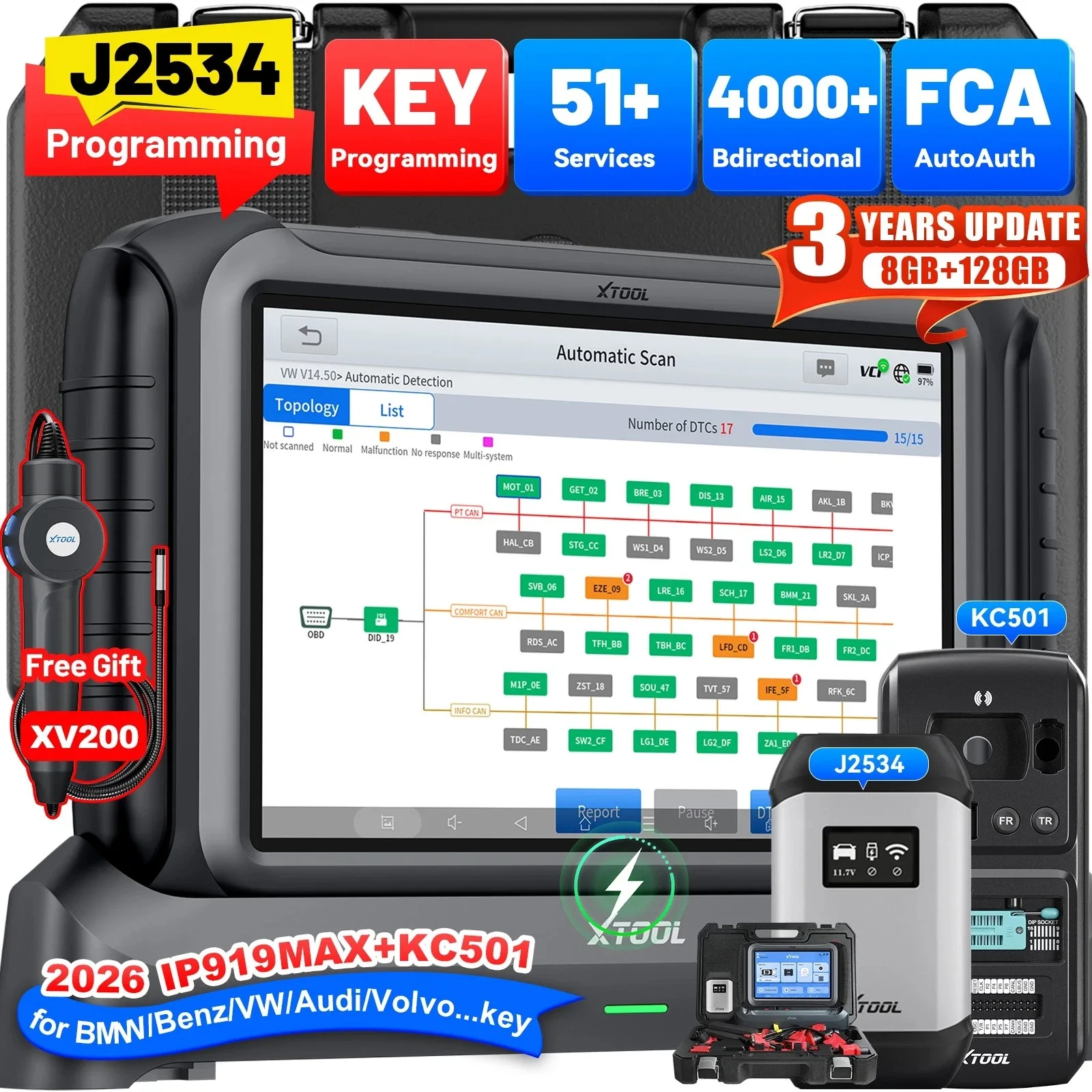 XTOOL IP919MAX J2534 ECU Programming+KC501 Car Key Programmer Bidirectional Diagnostic Tool OBD2 Scanner for All Key Lost