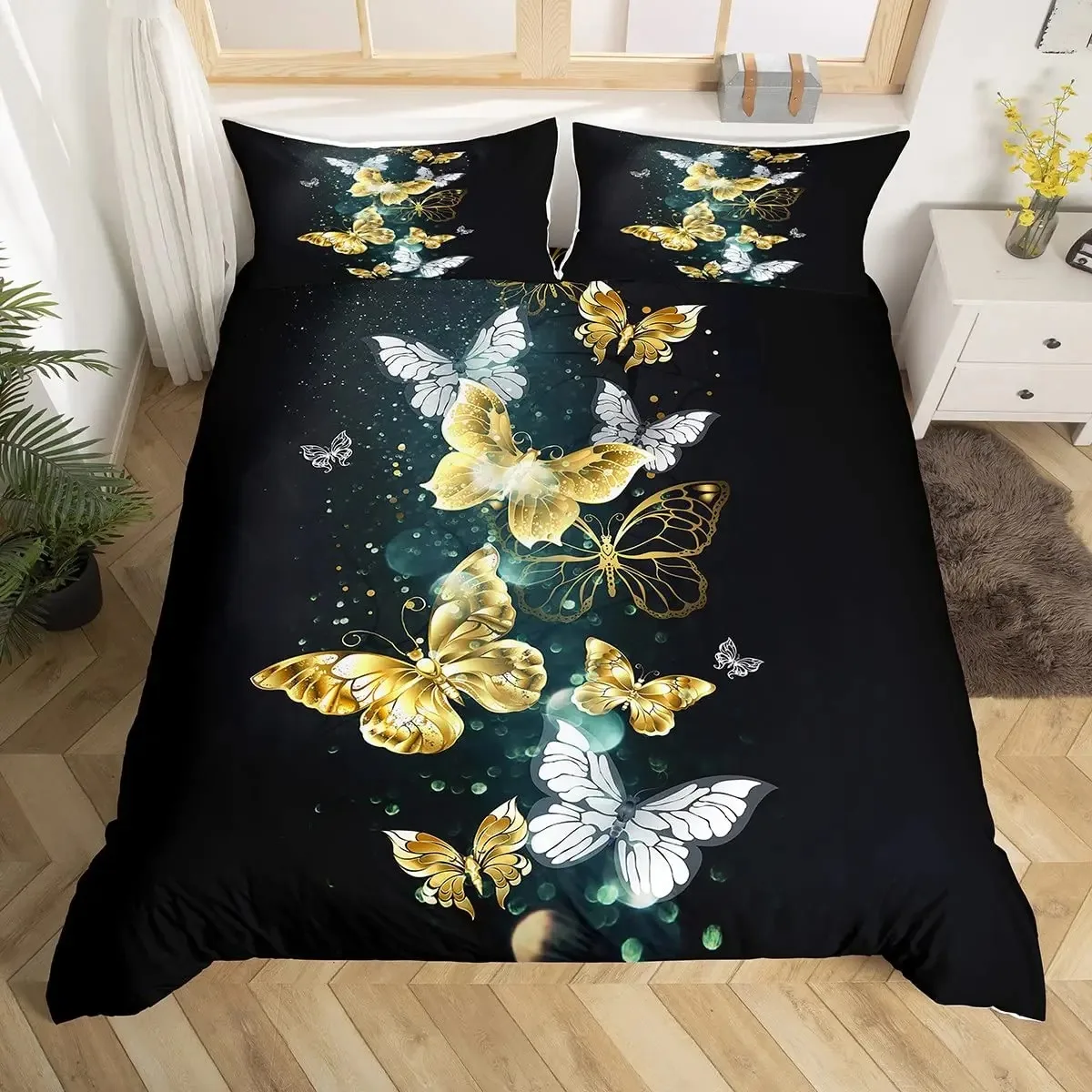 

Gold Butterfly Duvet Cover Set for Girls Gold and White Butterflies Bedding Sets Flying Butterfly Black Luxury Comforter Cover