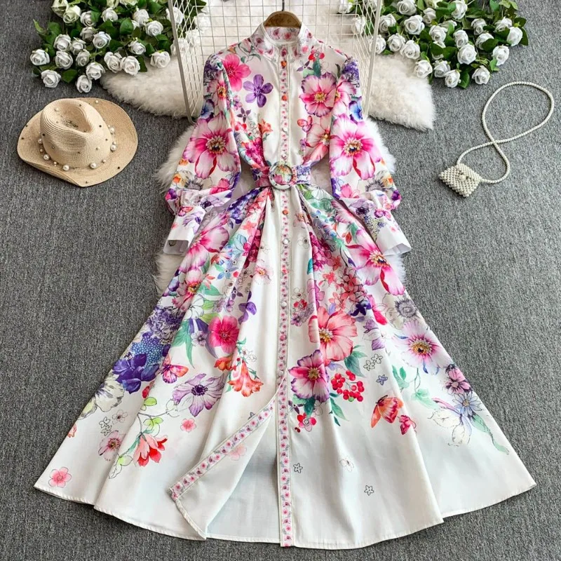 

Women's Autumn Spring Dress Courtly Style Vintage Stand Collar Single-Breasted Fitted Waist Printed New Elegant Casual Designer