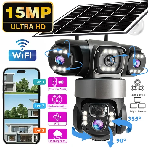 Imagen 1 del producto V380PRO 3 lentes WiFi cámara Solar HD 15MP 360 exterior impermeable CCTV visión nocturna Audio bidireccional cámara IP de seguimiento móvil