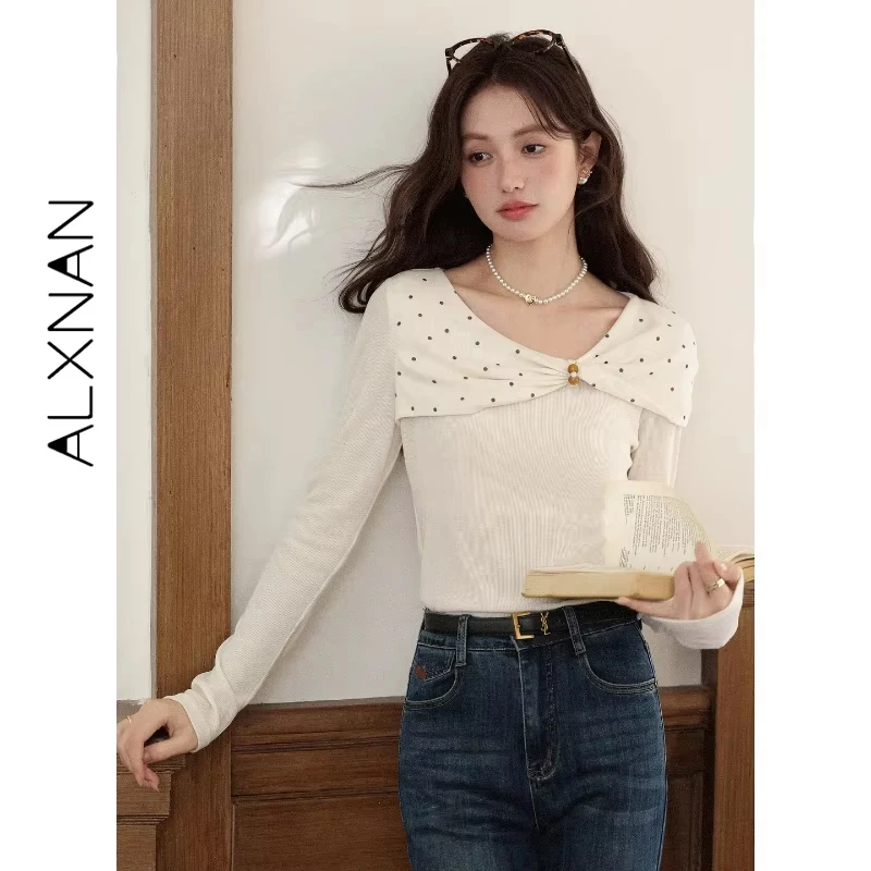 

ALXNAN Apricot Long Sleeve T-shirt Women's Autumn New Polka Dot Twist T-shirts 2025 Fashion Slim-fit Casual Ladies Top L57026-1