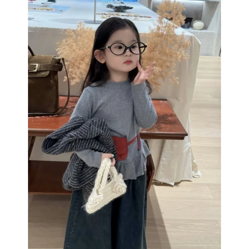 Children's Clothing2025Autumn New Baby Girl Striped Cardigan Lace Trim Base Shirt Denim Wide-Leg Pants Three-Piece Set