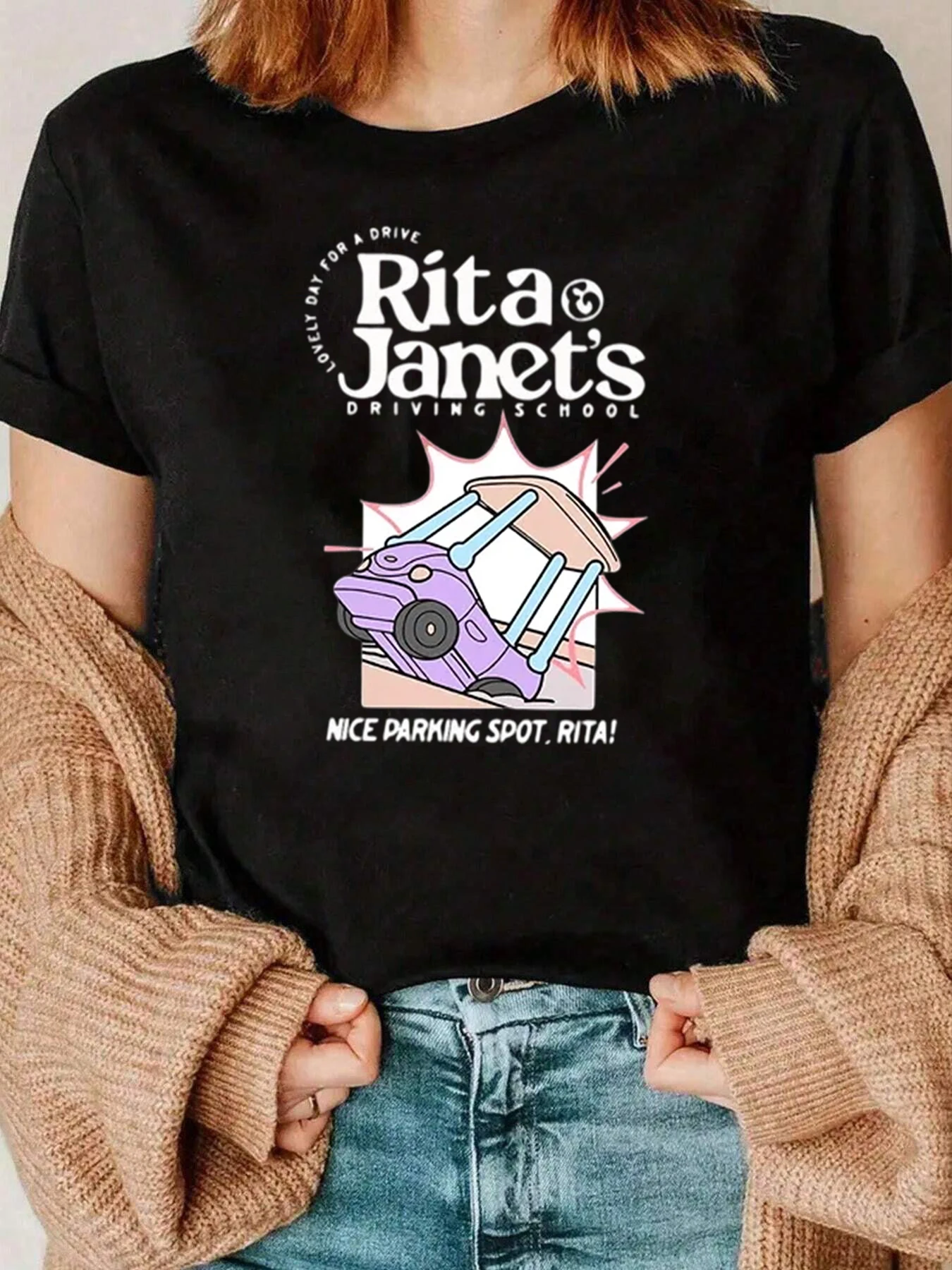 Rita Janets 운전 학교 자동차 그래픽 티셔츠 여성용 캐주얼 의류 220g