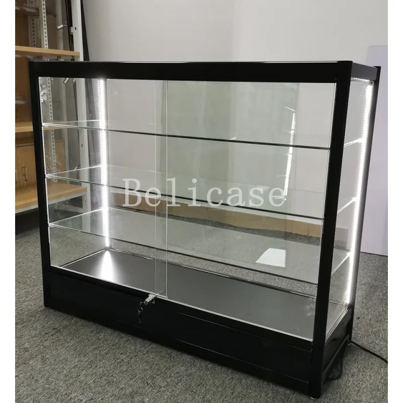 Vitrine de livraison en verre trempé personnalisé avec lumières LED, comptoir, cadre en aluminium, magasin de fumée de détail, 4 pieds