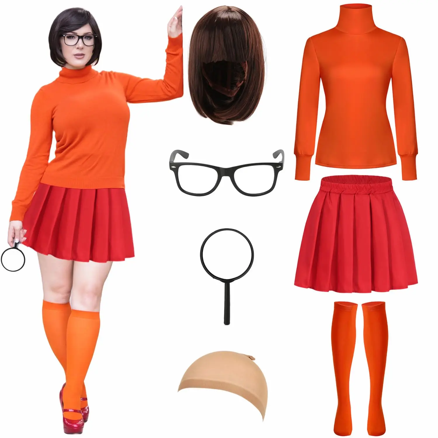 Halloween Velma Costume Adult Women Turtleneck Top Red Skirt Cosplay Outfit with Bob Wig Shirt Glasses Magnifier Socks