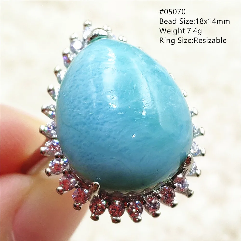 Natural Blue Larimar Adjustable Ring 925 Sterling Silver Larimar Gemstone Women Men Water Pattern AAAAA