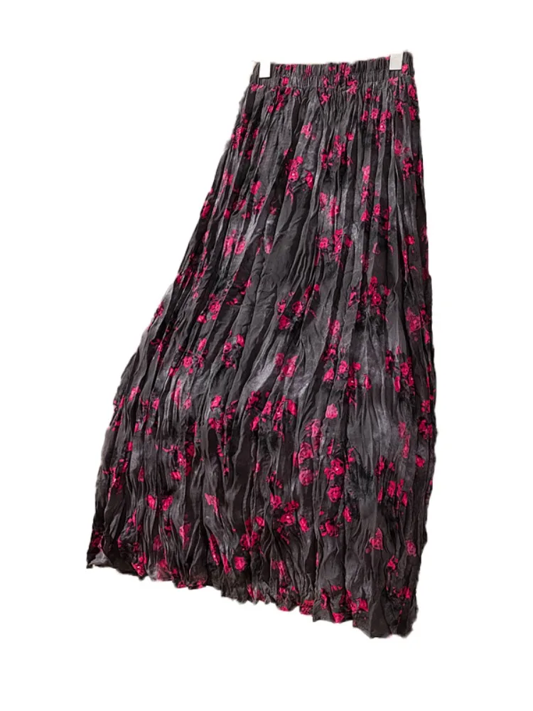 الرجعية الأزهار مطوي ألف خط ميدي تنورة المرأة حجم كبير فضفاض عالية الخصر التخسيس ثنى عادية تنورة كاملة تخفيف Sle