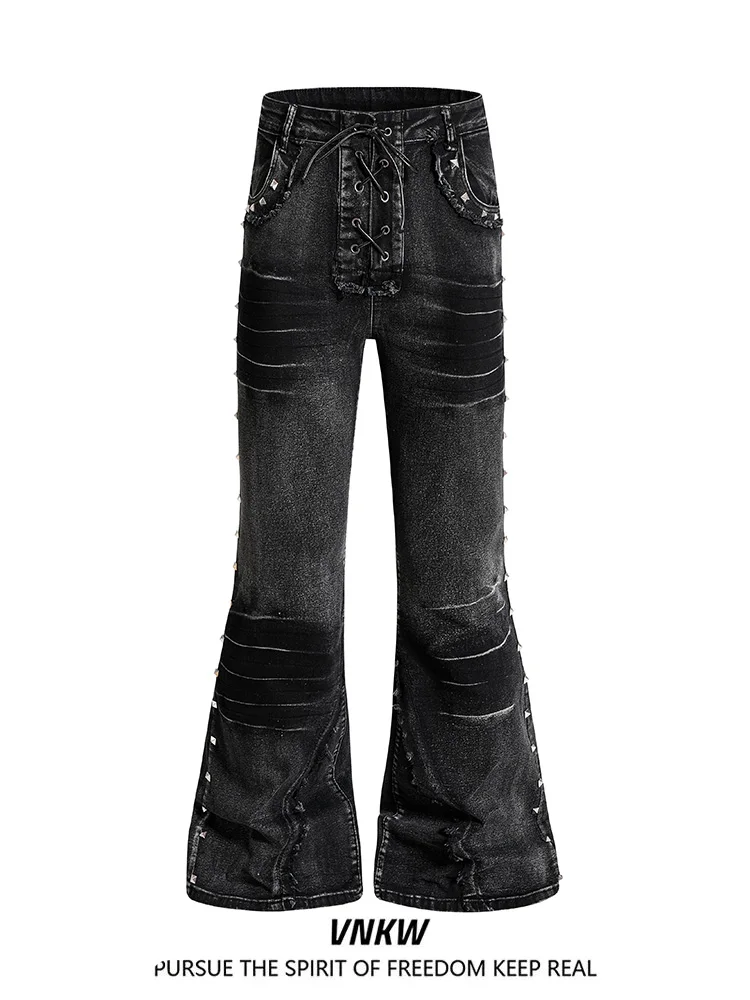 Rustic American High Street Vintage Vibe Padded Rivet Wide Leg Workwear Jeans Loose Slimming Straight Cut Trousers for Men An...