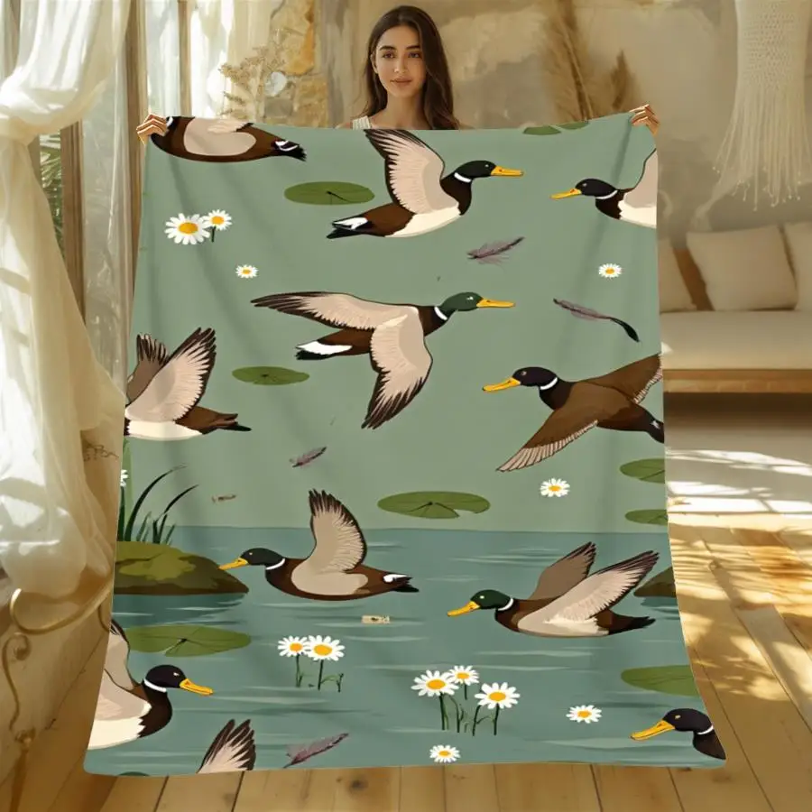 1pc Warm Premium Flannel Blanket with Stylized Mallard Duck and Lily Pad Pattern on Sage Green, Soft Decorative Throw for All Seasons Perfect as Home Decoration & Holiday Gift Choice.
