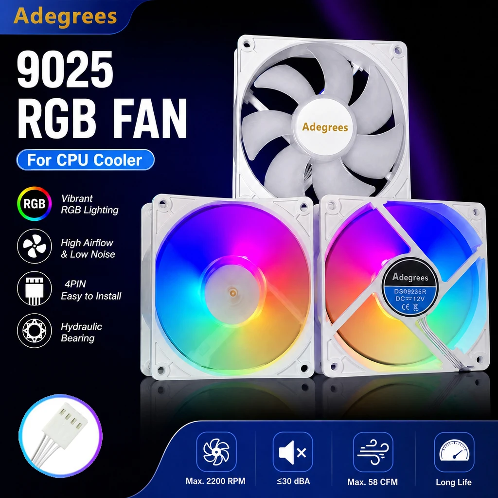 9025 White CPU Cooler Fan 90MM DC12V Square 4PIN PWM RGB Case Cooling Fan for PC CPU Cooler Replacement Fan