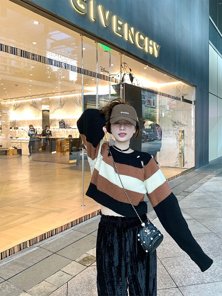 

Модный свитер в полоску, дизайн «Карамельный каштан», 70% шерсть, DAZAIGE, повседневный, с круглым вырезом, длинный рукав, женский...