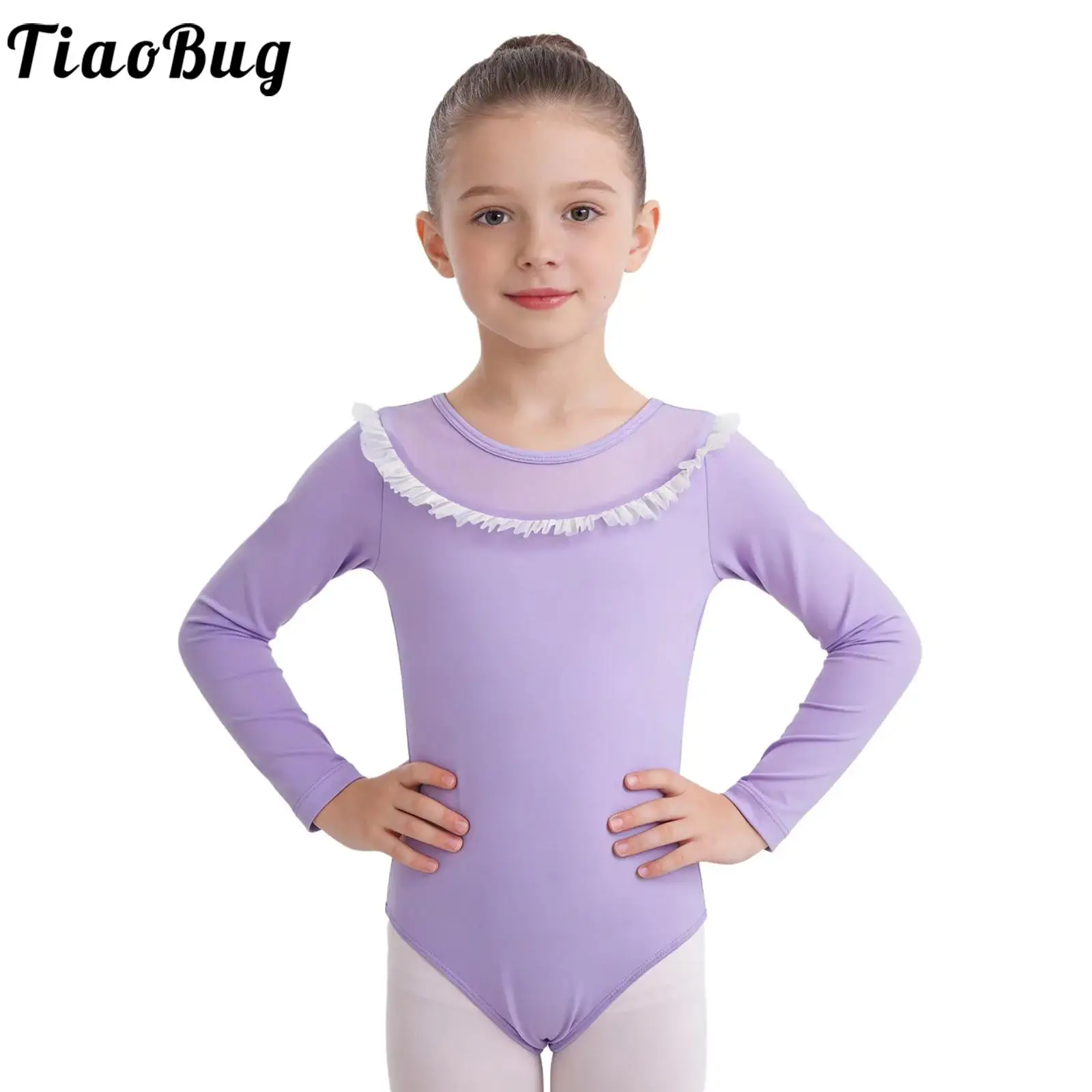

Kids Girls Ballet Leotard Dance Costume Sheer Mesh Patchwork Long Sleeve Bodysuit for Dancing Gymnastics Practice Figure Skating