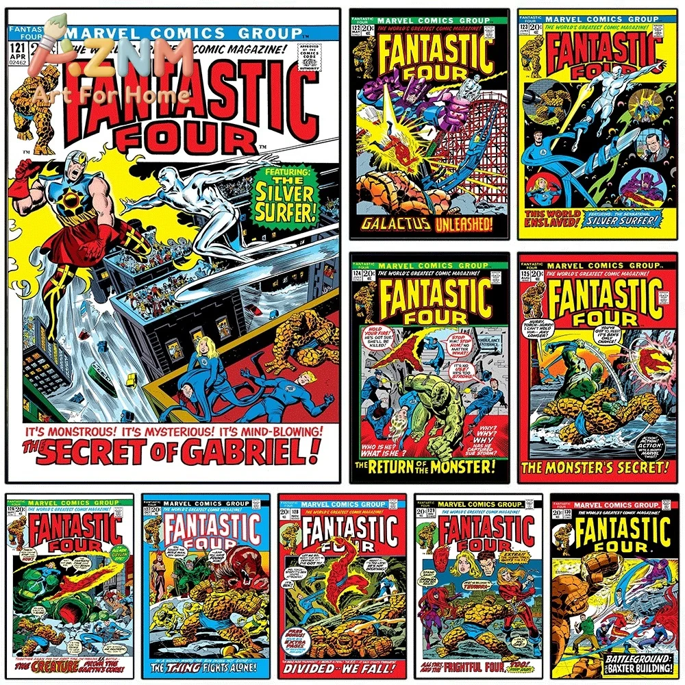 AZNM Fantastic Four The Secret of Gabriel Vintage Comic Cover Collage Canvas Wall Art Unframed Print, Superhero Poster for Bed
