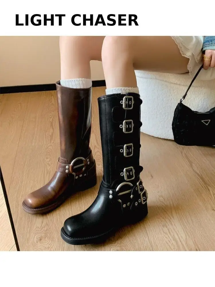 

Women's Thick Bottom Motorcycle Boots Women Knee High Boots Autumn Winter Patent Metal Thigh-high Heel Boots Knight Lady Boots