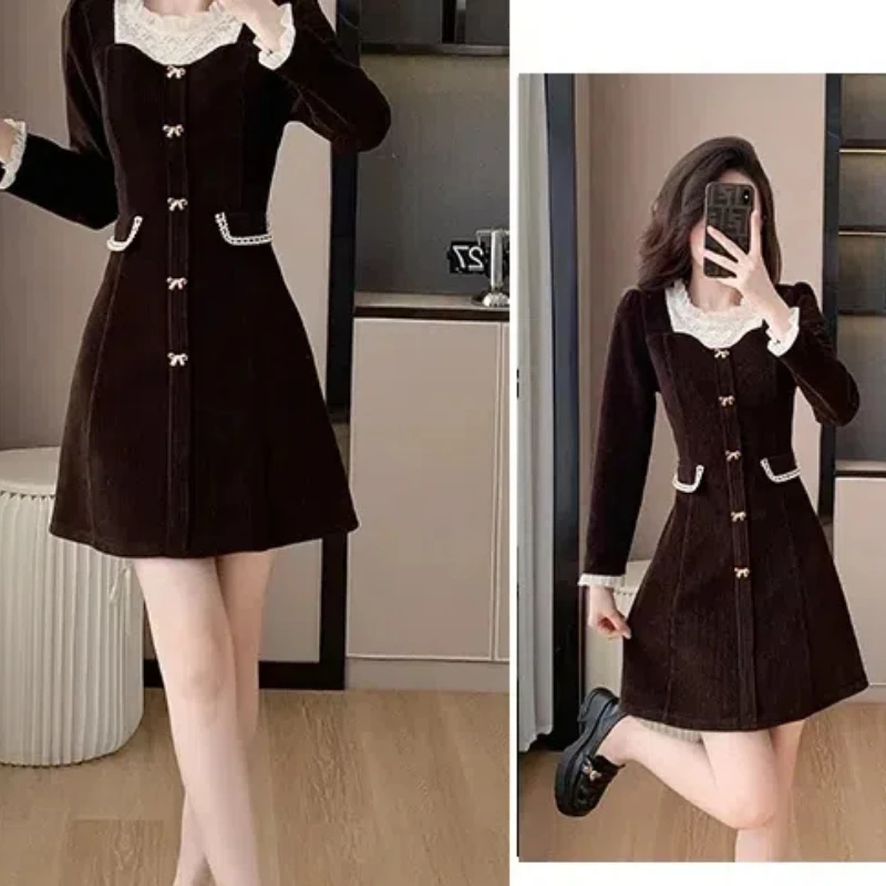 2024 Women\'s French Vintage Stylish Dresses Spring and Autumn New Arrivals Small Fellow Corduroy Fake Two Pieces Minority Skirt