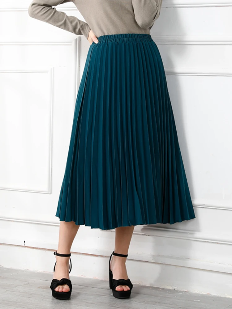 Women's Vintage Solid Pleated Midi Skirt Korean Fashion High Waist Thickened Warm Office Swing  A-Line Skirts 2024 Spring K409