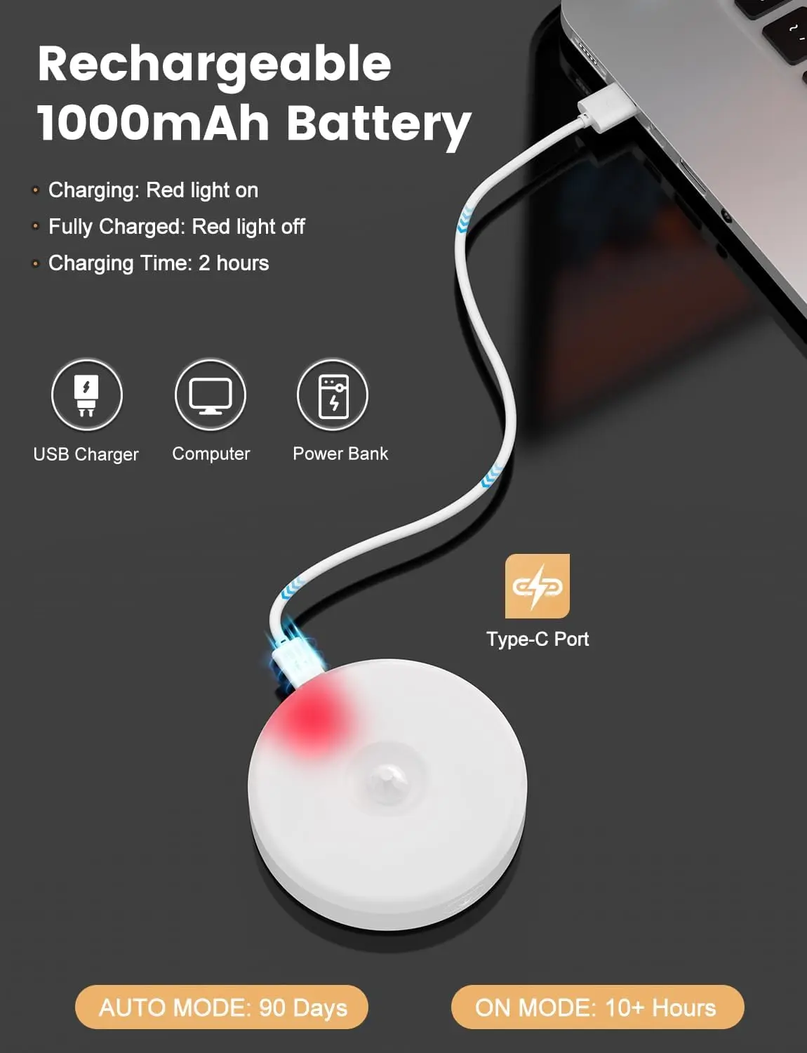 ضوء ليلي Xiaomi LED مع مستشعر حركة USB قابل لإعادة الشحن مع مصباح لاسلكي 1000 مللي أمبير في الساعة مغناطيسي لإضاءة سلالم خزانة المطبخ