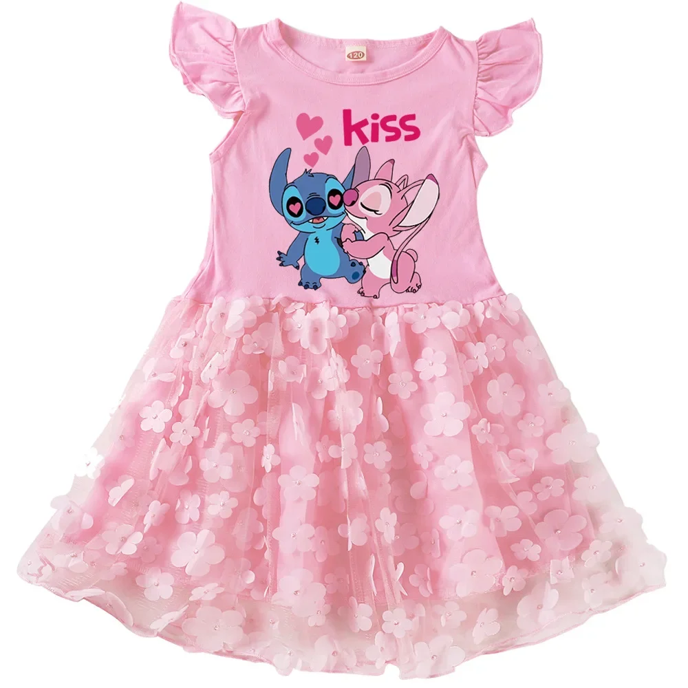 

Disney Princess Mickey Mouse Stitch Girls Dress Summer New T-Shirt children cartoon Mesh Short Sleeve Kids Fashion Skirt