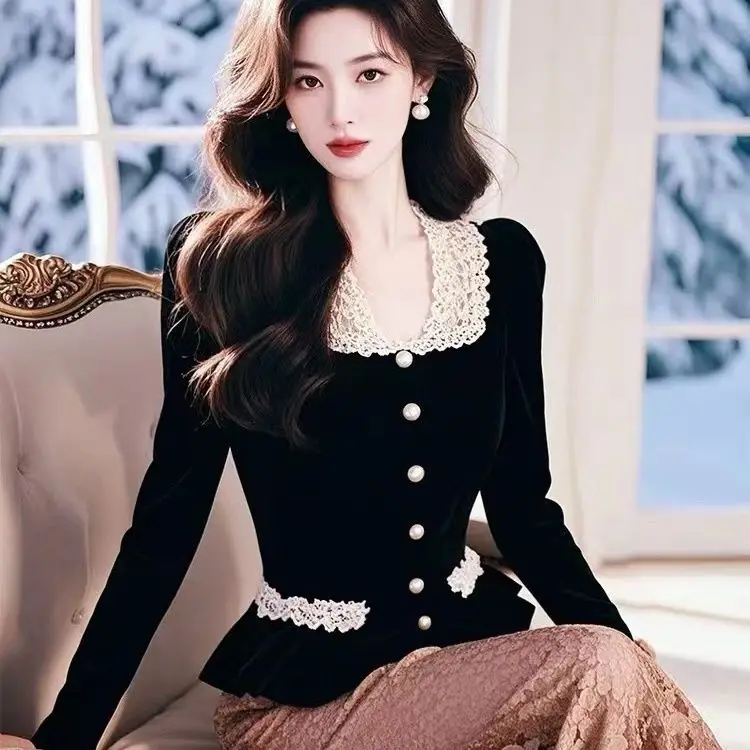 Luxury French Black Velvet Shirt Square Collar Lace Patchwork Blouse Women Slim Waist Zipper Tops Autumn Royal Style Office Lady