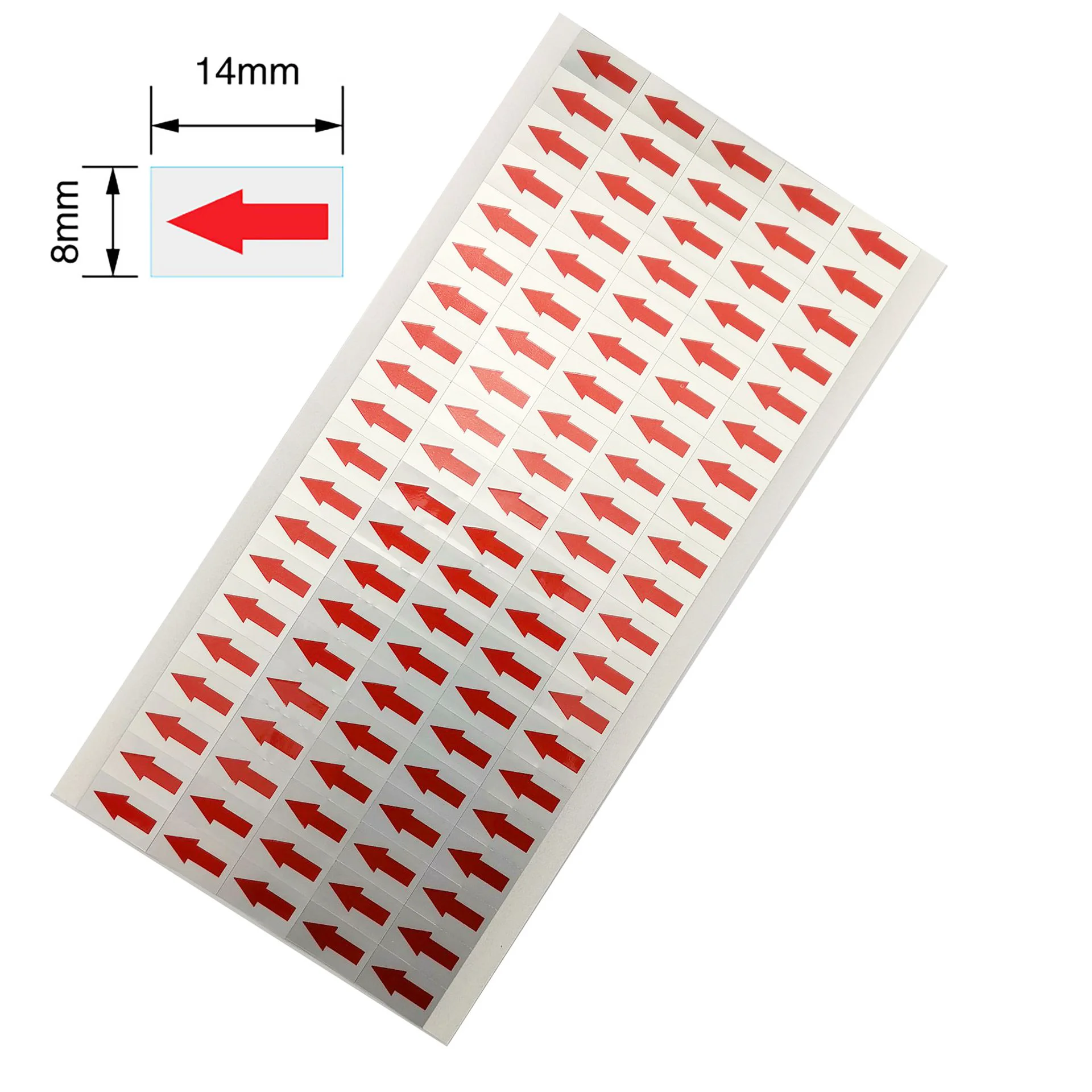 Etiqueta de flecha roja de 14x8mm, pegatina de plata mate 200 piezas, etiqueta de producto defectuoso, marca pequeña autoadhesiva no calificada