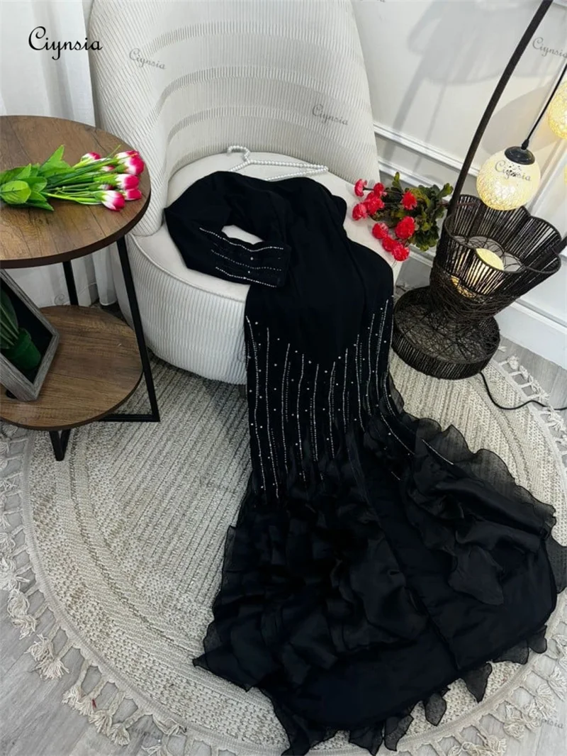 Ciynsia Black Saudi Arabic Dubai Evening Dresses Mermaid One Shoulder Formal Prom Gown Organza Ruffles Beading فساتين سهرة