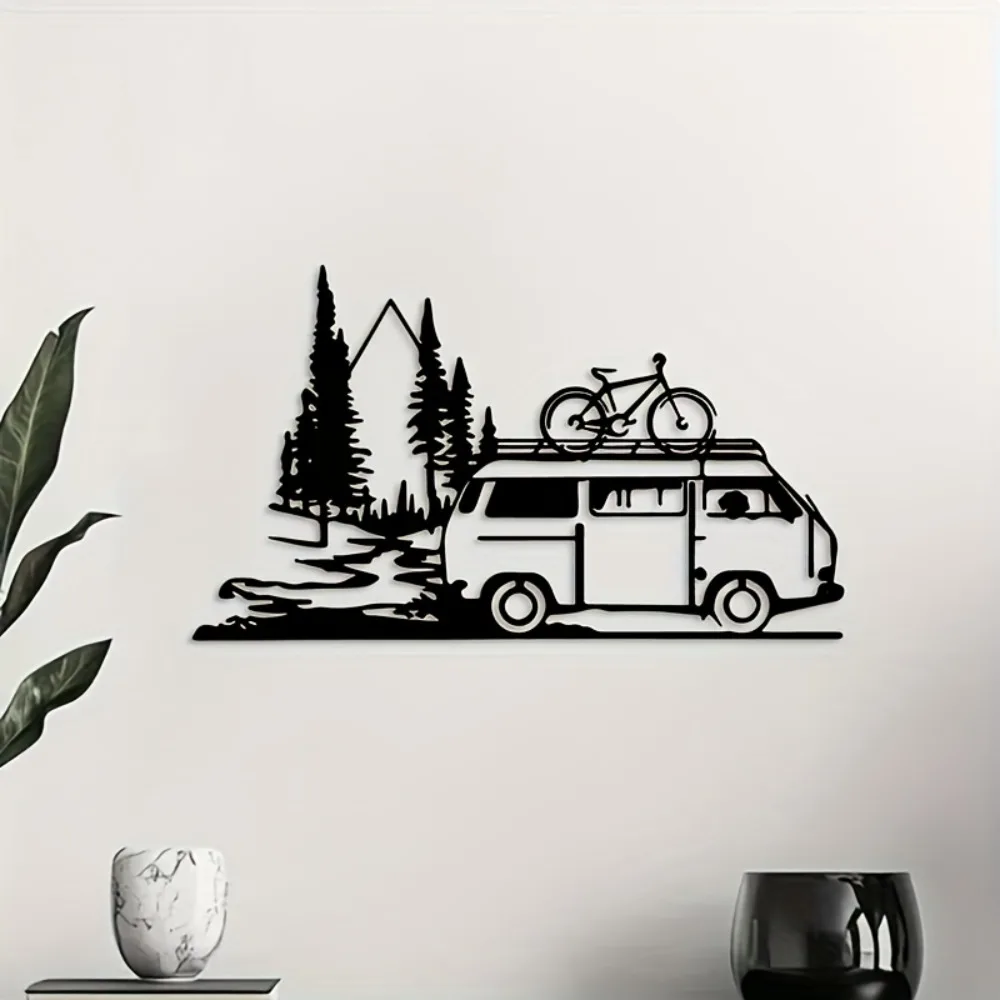 1pc Vintage Camper Van Metal Wall Art, Rustic Iron Travel Decor with Pine Trees & Mountain, Adventure-Themed for Living Room Bed