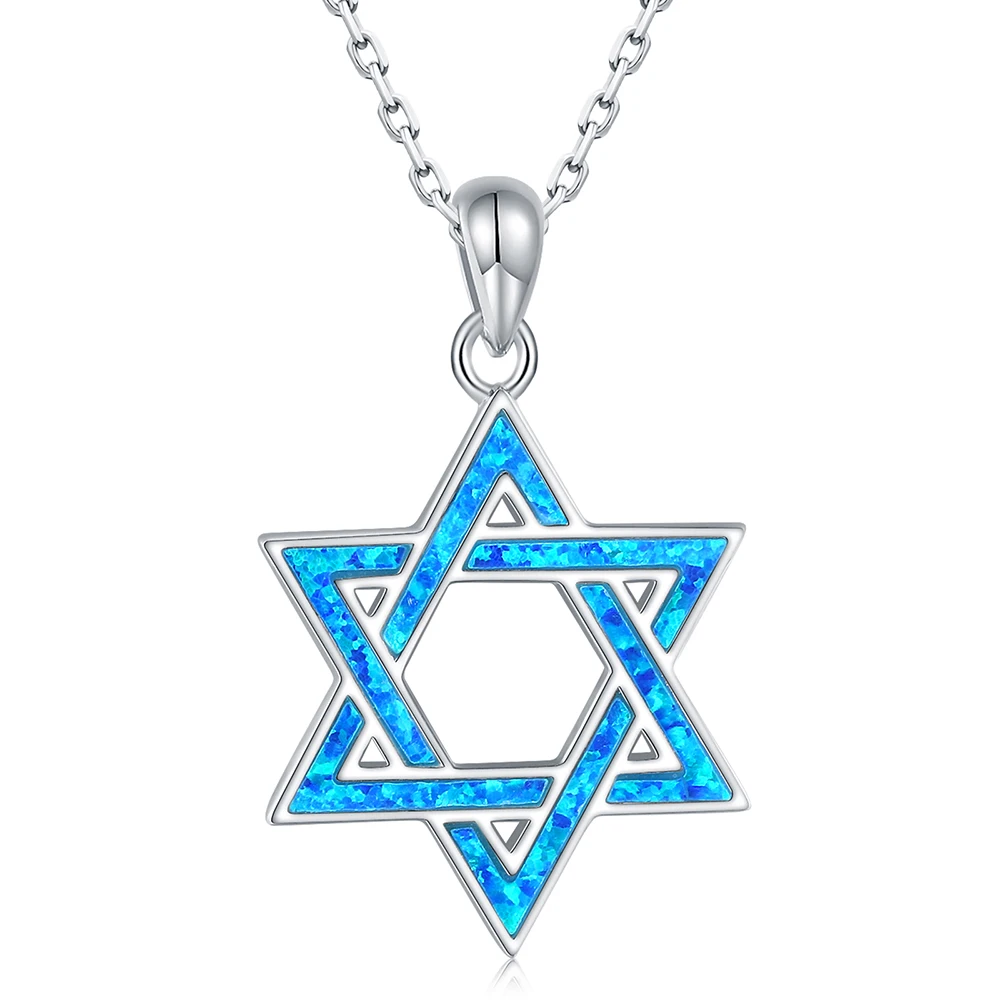 

925 Sterling Silver Star of David With Shiny Blue Opal Love Heart Pendants&Necklaces For Women Wife Jewelry Valentine Day Gifts