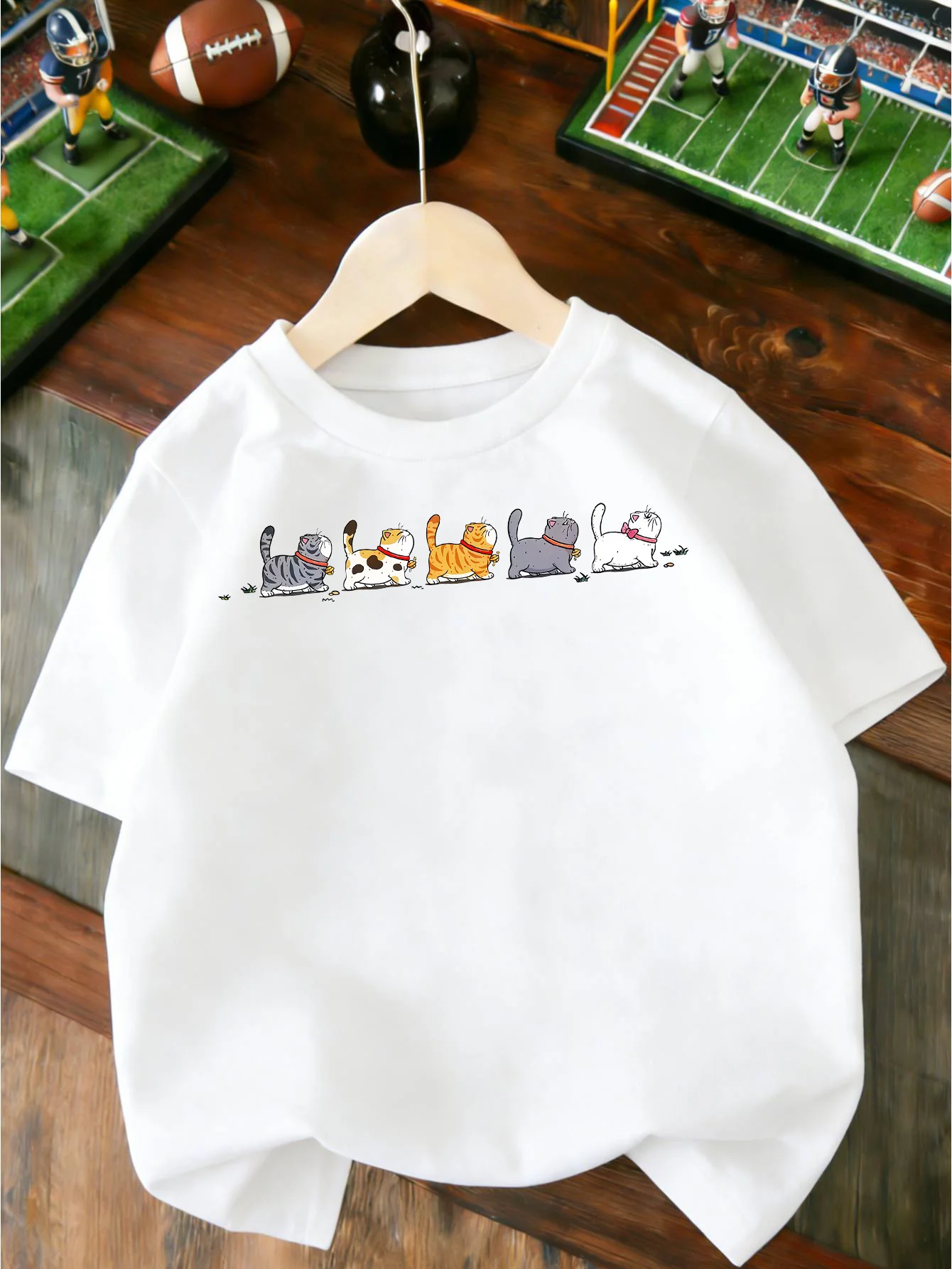 Cute Walking Cartoon Cats With Collars Print T Shirt Boys Girls Lovely Short Sleeve Tee Family Matching Kids Cotton Tops