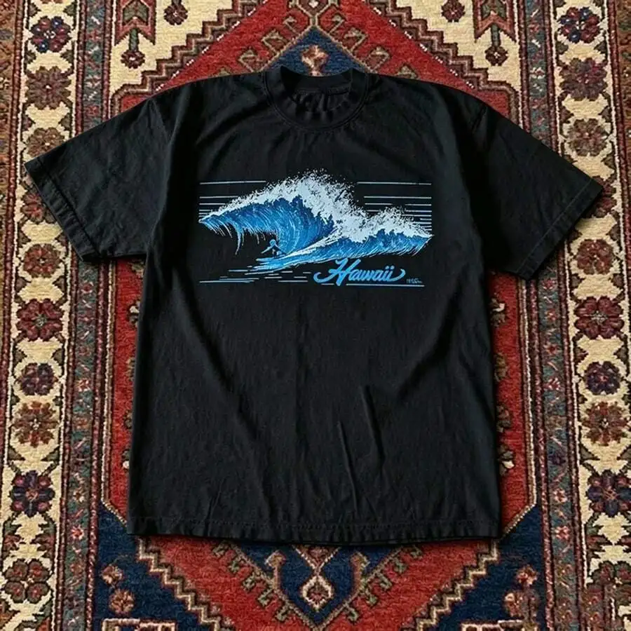 Summer Surfing Loose T‑Shirt Vintage Hawaii Big Wave Surfer Graphic Retro Ocean Surf Line Art Print White Casual Tee Top