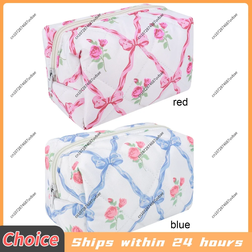 Cute Bow Floral Travel Makeup Pouch with Zipper Toiletry Bag Makeup Organizer Storage Bag for Women and Girls