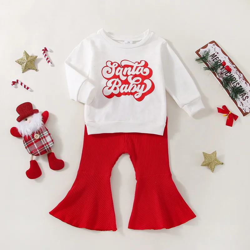 RUEWEY 6 Months to 4 Years Christmas Little Girls Pant Sets Toddlers Letter Long Sleeve Hoodie Tops + Long Bell-bottomed Pants