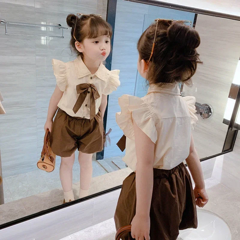 2024 Kids Set Summer Small Flying Sleeve Shirt Bud Pants Two-piece Suit Baby Girls Princess Sport Tracksuits Children Clothing