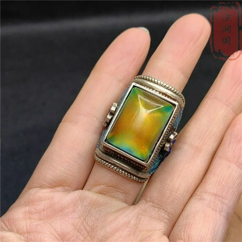 Vintage Tibetan Silver Inlaid Natural Color Changing Gemstone Ring, Ethnic Adjustable Open Band