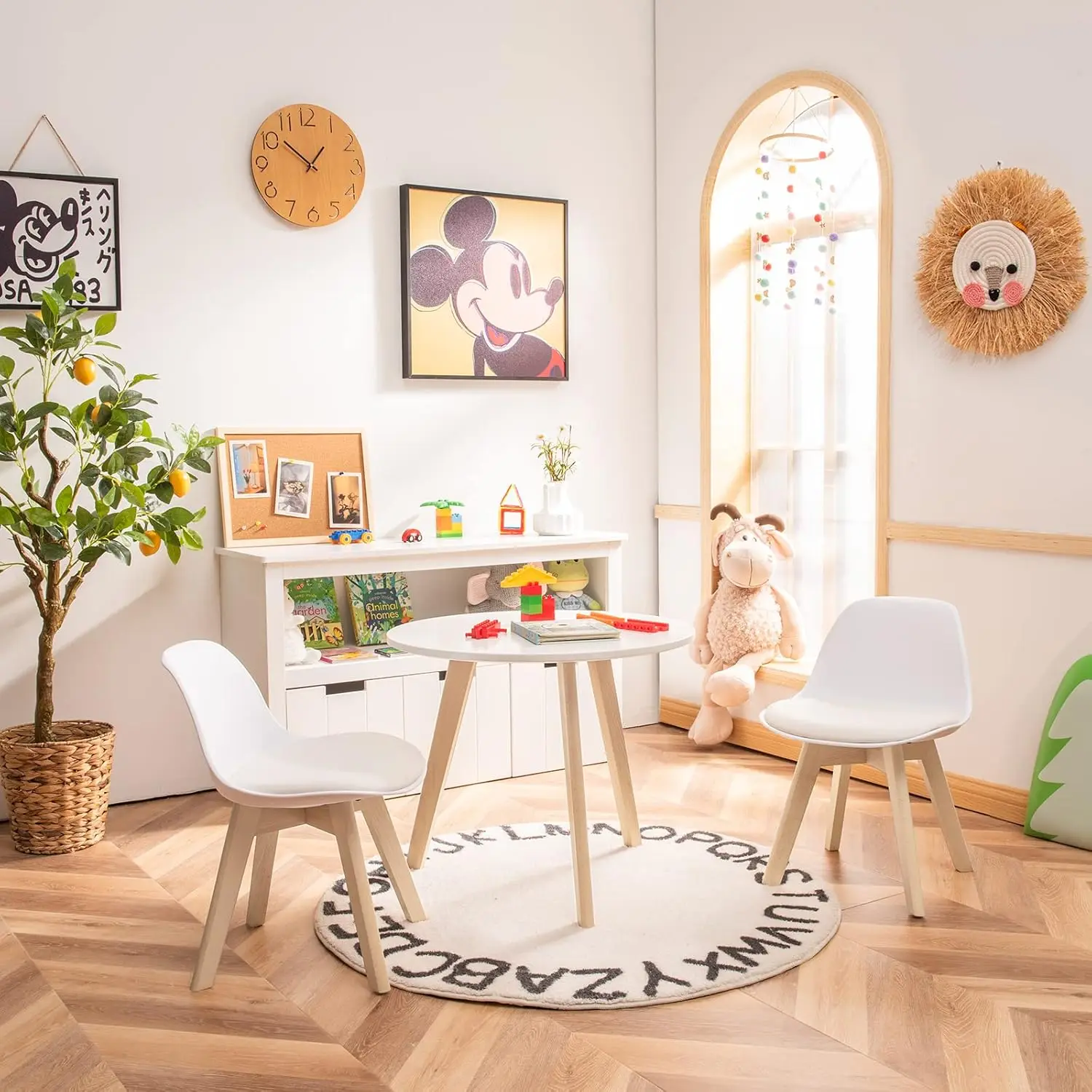 Juego de mesa y sillas para niños, mesa de juego de actividades de madera de 3 piezas con asiento acolchado y patas de madera para artes, manualidades, lectura, preescolar, guardería