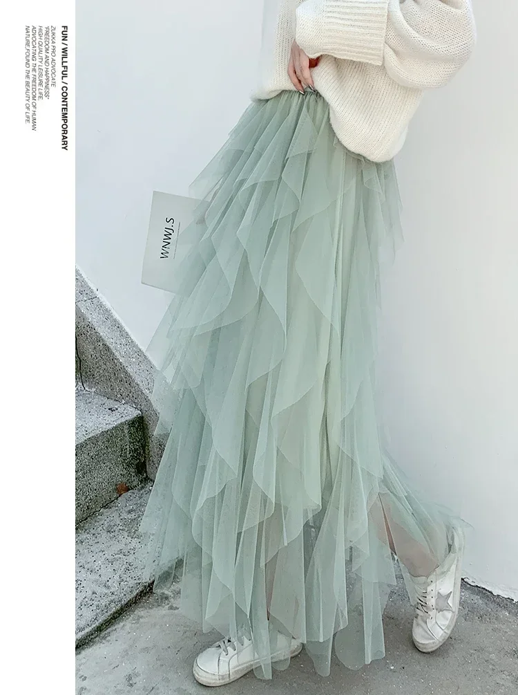 Women Tutu Mesh Maxi Skirt Long Tulle Solid Irregular Casual Korean Skirts Lining High Waist Kawaii Bridesmaid Faldas P513