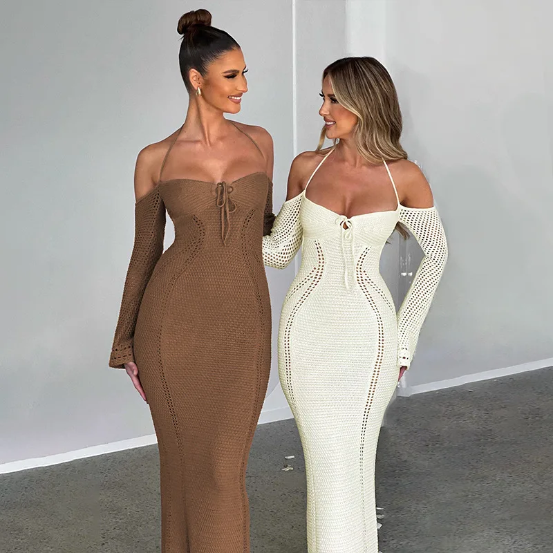 Cryptografische Off Shoulder Halter Gebreide Jurk Outfits Voor Dames Lange Mouwen Elegante Sexy Rugloze Stropdas Voorkant Maxi Jurken Vestido